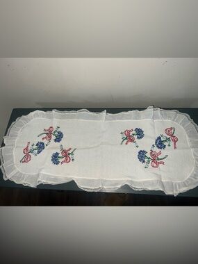 Vintage White Runner with Blue Floral and Pink Bows embroidered